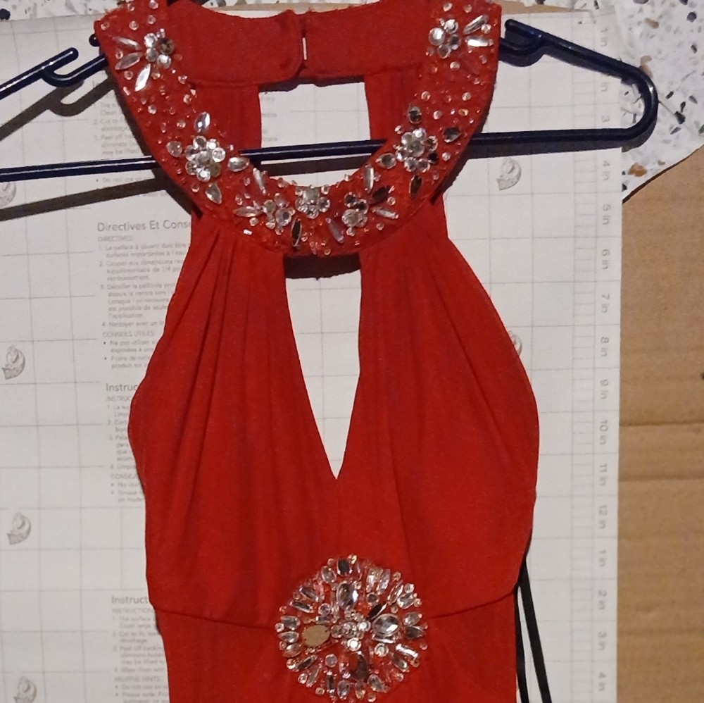 B Darlin Red Embellished Halter Gown